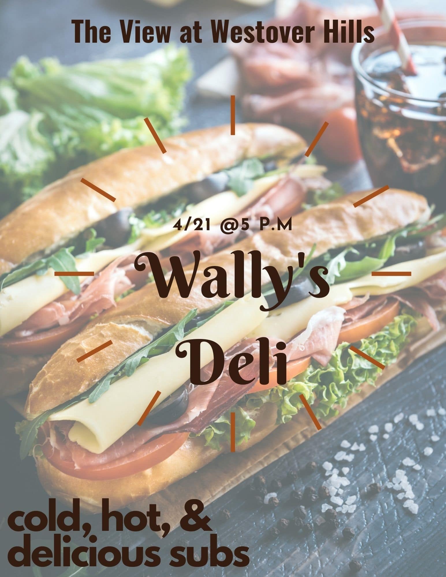 Apartments in Northwest San Antonio Get ready for a mouthwatering event at The View at Westover Hills! Join us on 4/21 at 5 P.M. for Wally's Deli's irresistible cold, hot, and delicious subs. Enjoy our sandwiches and drinks in an unmatched setting. Don't miss out! The View At Westover Hills Apartments in Northwest San Antonio 3010 West Loop 1604 N San Antonio, TX 78251 p: (210) 672-4924 f: (210) 680-6404