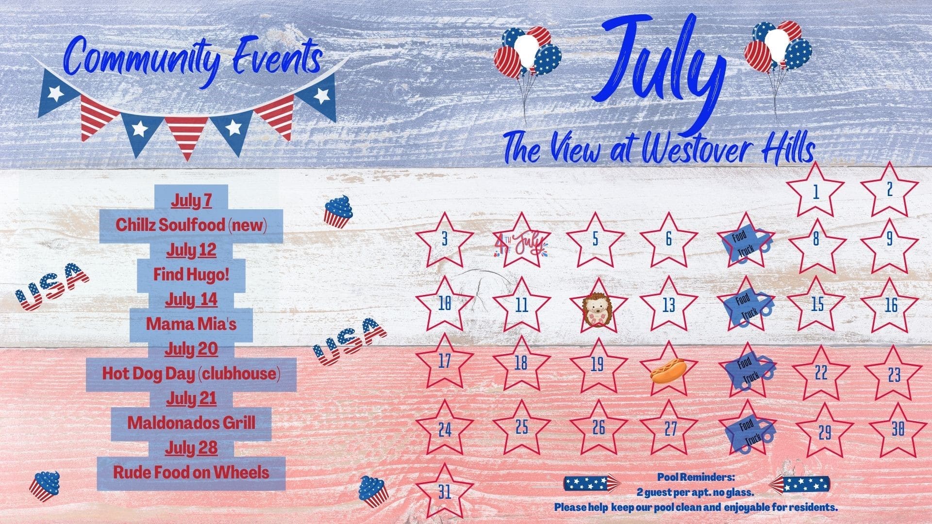 Apartments in Northwest San Antonio         The July Calendar of community events at The View at Weslover Hills features event dates on the left, a star chart on the right, and Pool Reminders at the bottom—all with a patriotic theme. The View At Westover Hills Apartments in Northwest San Antonio 3010 West Loop 1604 N San Antonio, TX 78251 p: (210) 672-4924 f: (210) 680-6404